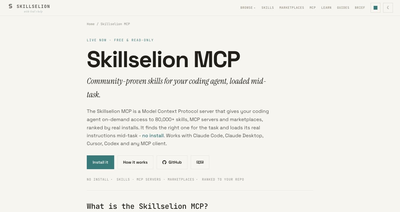 Página oficial del MCP de Skillselion con su instalación en un comando